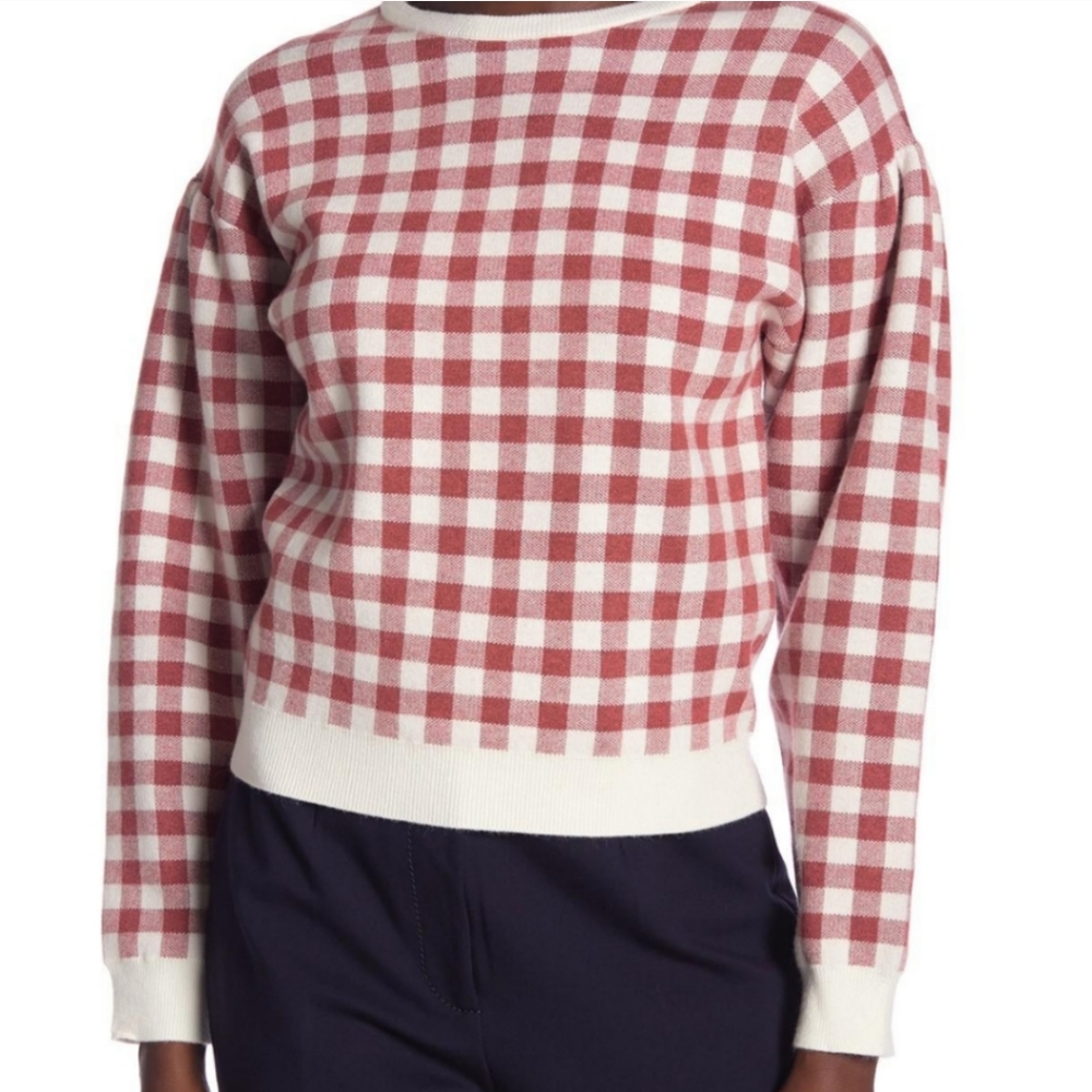 Anthropologie English Factory Puff Sleeve Gingham Checkered Sweater